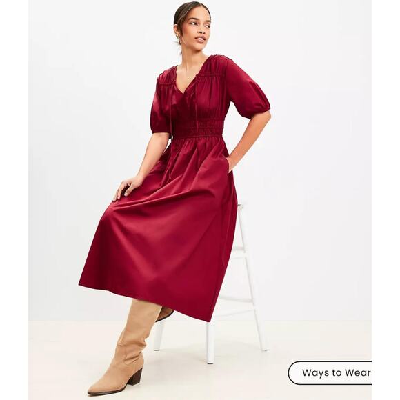 Loft Petite Shirred Tie Neck Midi Dress Rio Red Large - Picture 2 of 10